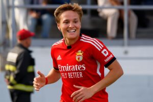 Andreas Schjelderup  celebrating his goal for Benfica || Credit - Imago