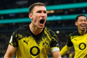 Nico Schlotterbeck pictured in action for Borussia Dortmund.